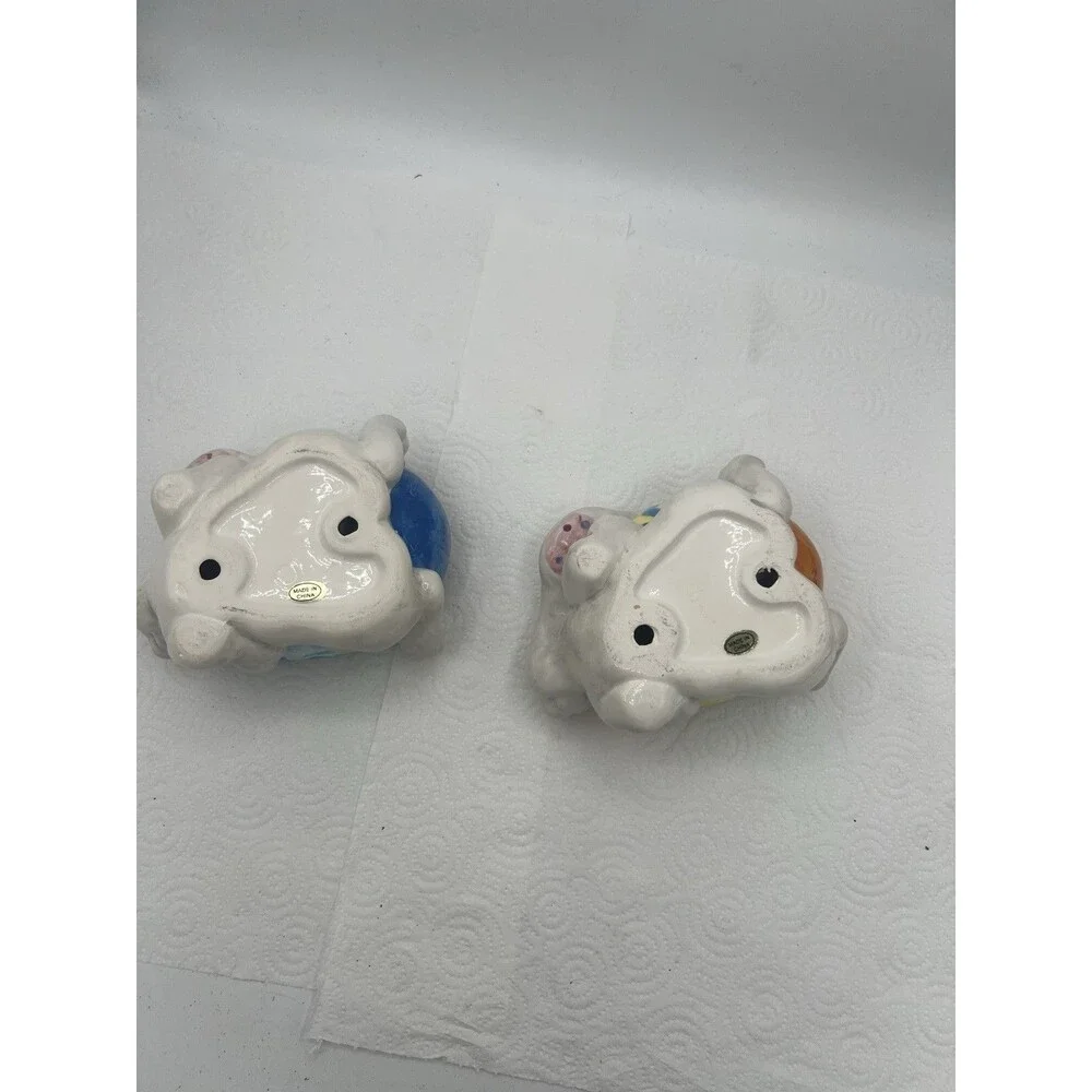 2 Colorful Easter Bunny White Rabbit Ceramic Soap Trinket Dish Tray Easter Egg